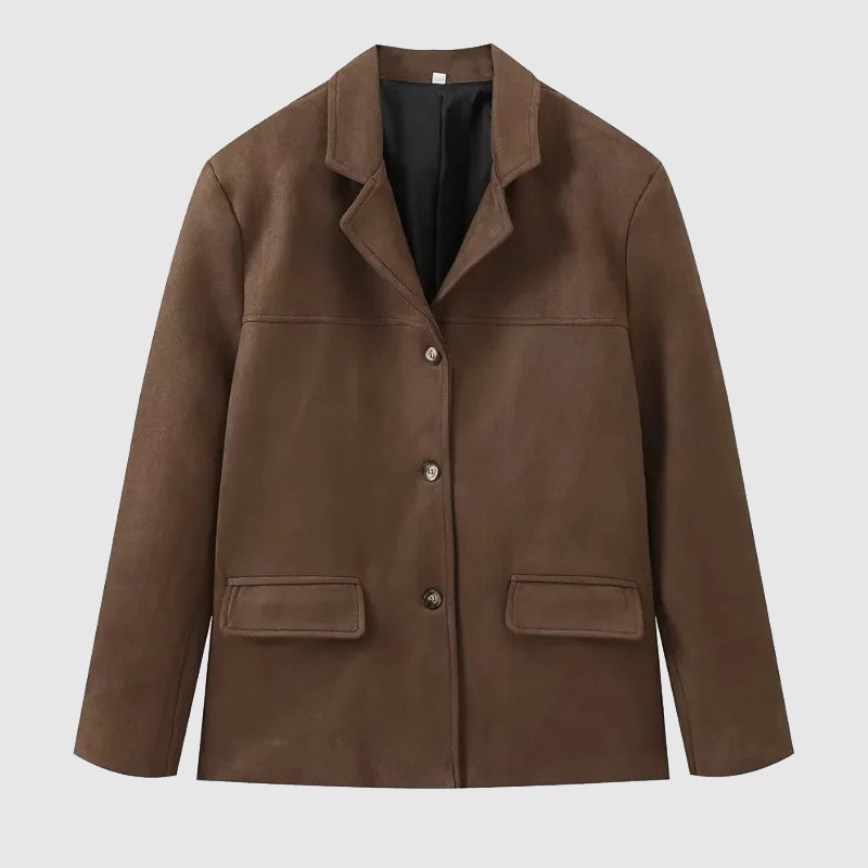 Structured suede jacket by Lumina Wear featuring tailored fit and practical pockets, styled on a model showing front view.