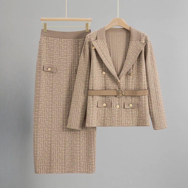 Lumina Wear Sofia textured blazer and skirt set with metallic accents, stylish women's suit ensemble with sophisticated details.