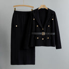 Lumina Wear Sofia textured blazer and skirt set with metallic accents, stylish women's suit ensemble featuring tailored design.