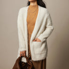 Light beige Lumina Wear Sofia women's cardigan sweater with ultra-soft, breathable, loose fit fabric and open front design.
