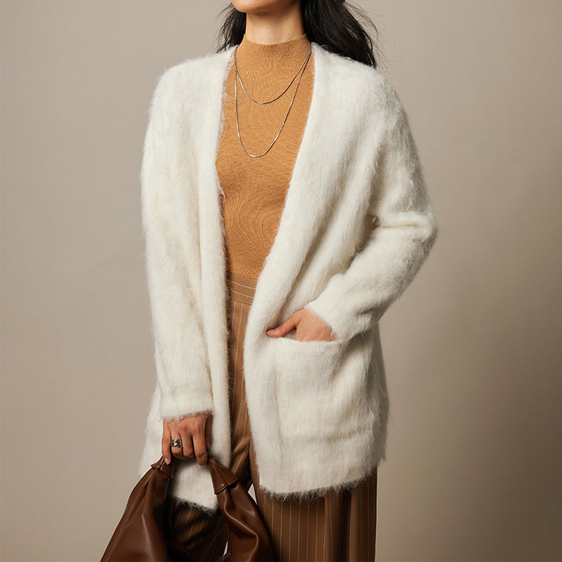 Light beige Lumina Wear Sofia women's cardigan sweater with ultra-soft, breathable, loose fit fabric and open front design.