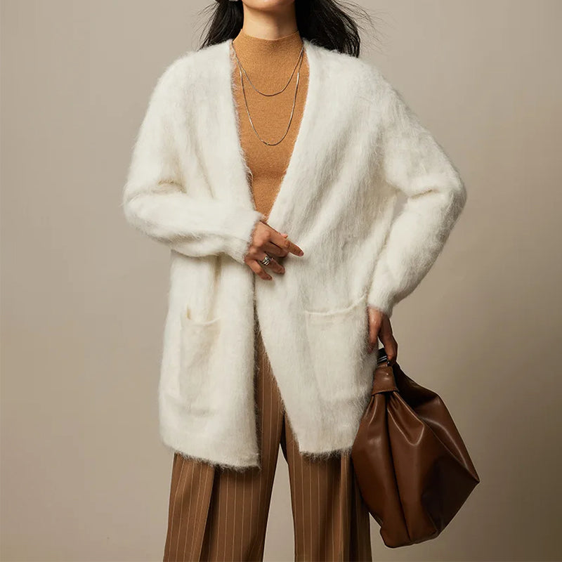 Light gray Sofia Lumina women's cardigan sweater with loose fit, ultra-soft breathable fabric, and open front design.