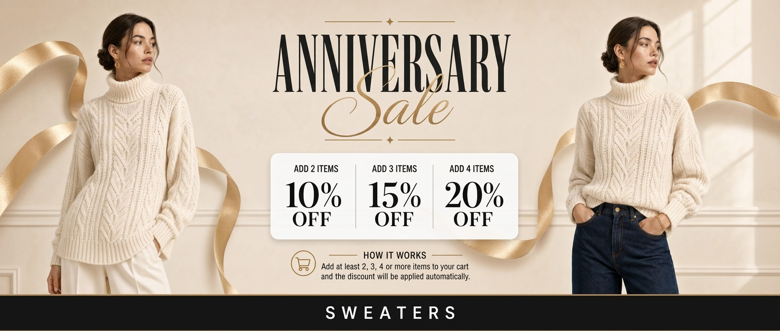 Promotional banner for an anniversary sale on sweaters with a woman wearing a cream sweater.