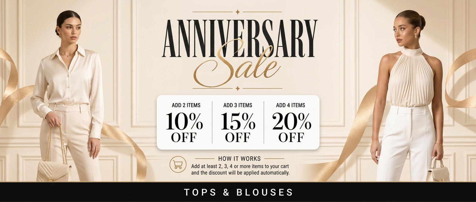 Promotional banner for an anniversary sale with discounts on tops and blouses, featuring a model in a white outfit.