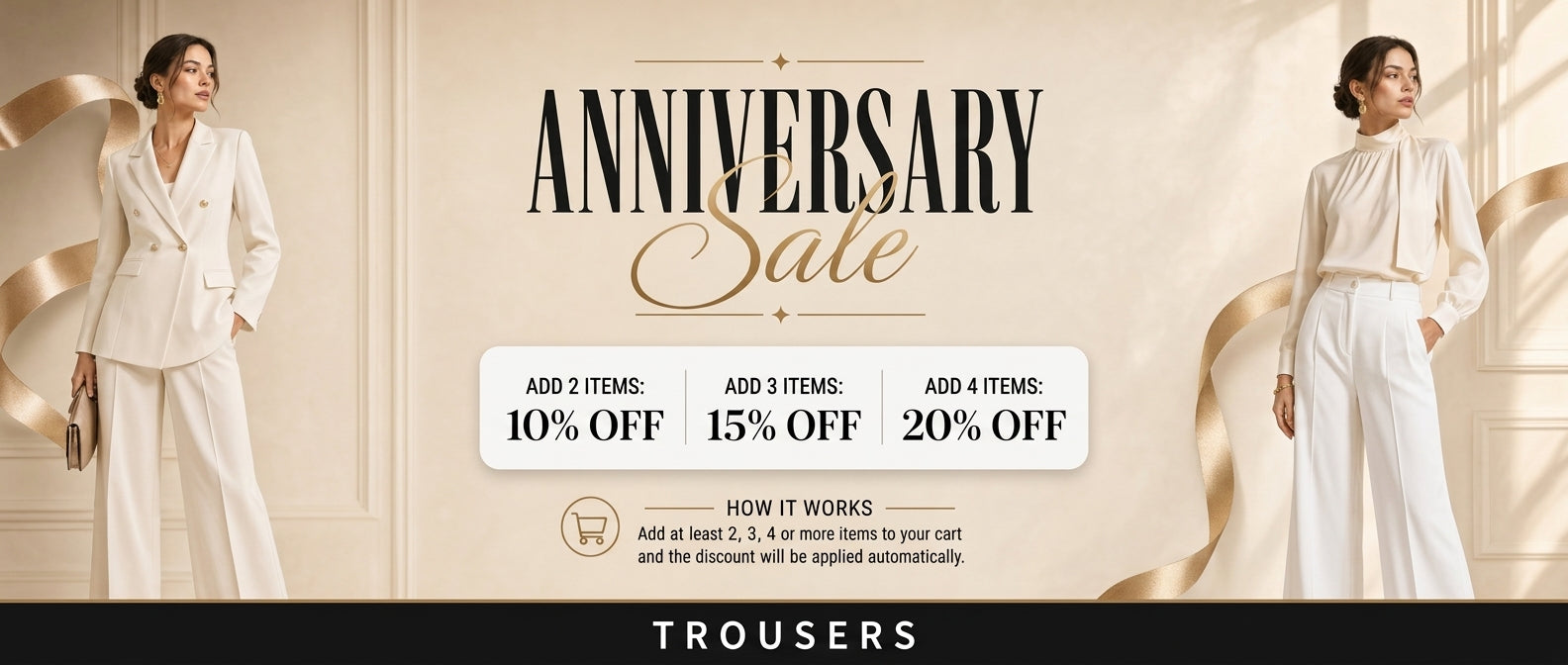 Promotional banner for an anniversary sale with a woman in a white suit and gold accents.