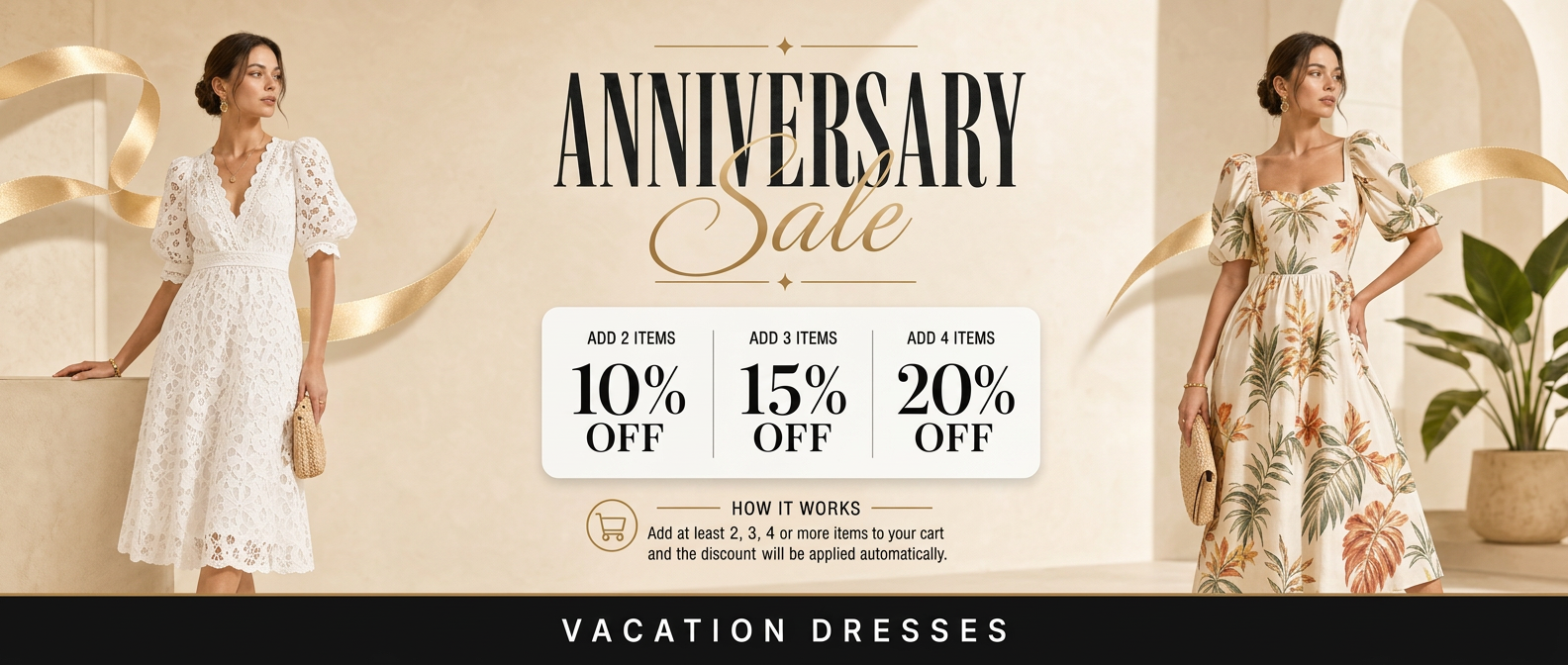 Promotional banner for an anniversary sale with two women in dresses and discount information.