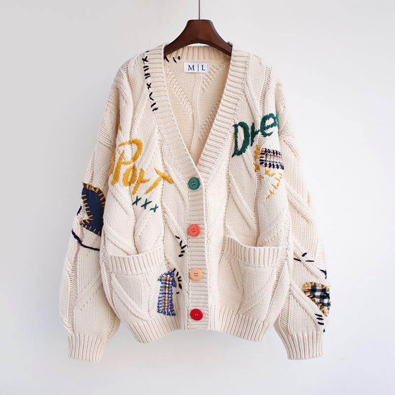 Valentina bold patchwork oversized knit cardigan by Lumina Wear with colorful buttons and cozy, relaxed fit.