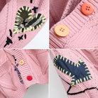 Valentina bold patchwork oversized knit cardigan with colorful buttons by Lumina Wear, featuring a cozy, stylish design.