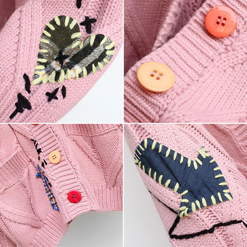 Valentina bold patchwork oversized knit cardigan with colorful buttons by Lumina Wear, featuring a cozy, stylish design.
