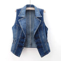 Celestial medium blue washed denim vest with toggle fastenings from Lumina Wear, featuring a stylish sleeveless design.