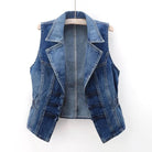Celestial medium blue washed denim vest with toggle fastenings by Lumina Wear, featuring a stylish sleeveless design and front pockets.