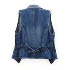 Celestial medium blue washed denim vest with toggle fastenings from Lumina Wear, casual sleeveless vest for women.