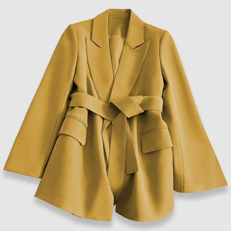 Women's Valentina blazer by Lumina Wear featuring a tailored fit, elegant lapel, and matching belt on a neutral background.