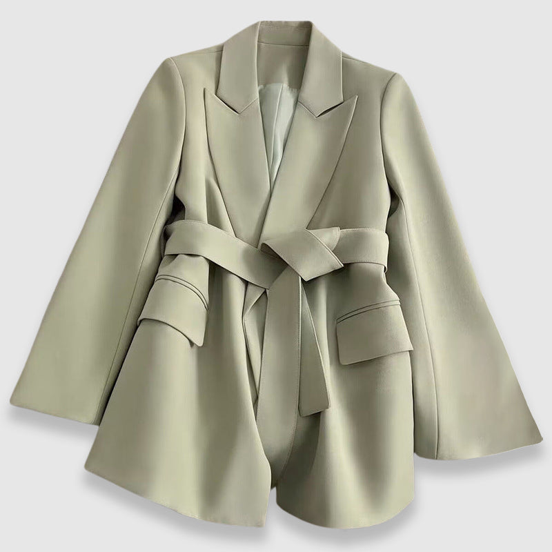 Women's Valentina chic tailored blazer by Lumina Wear featuring an elegant lapel and matching belt, styled for sophisticated look.