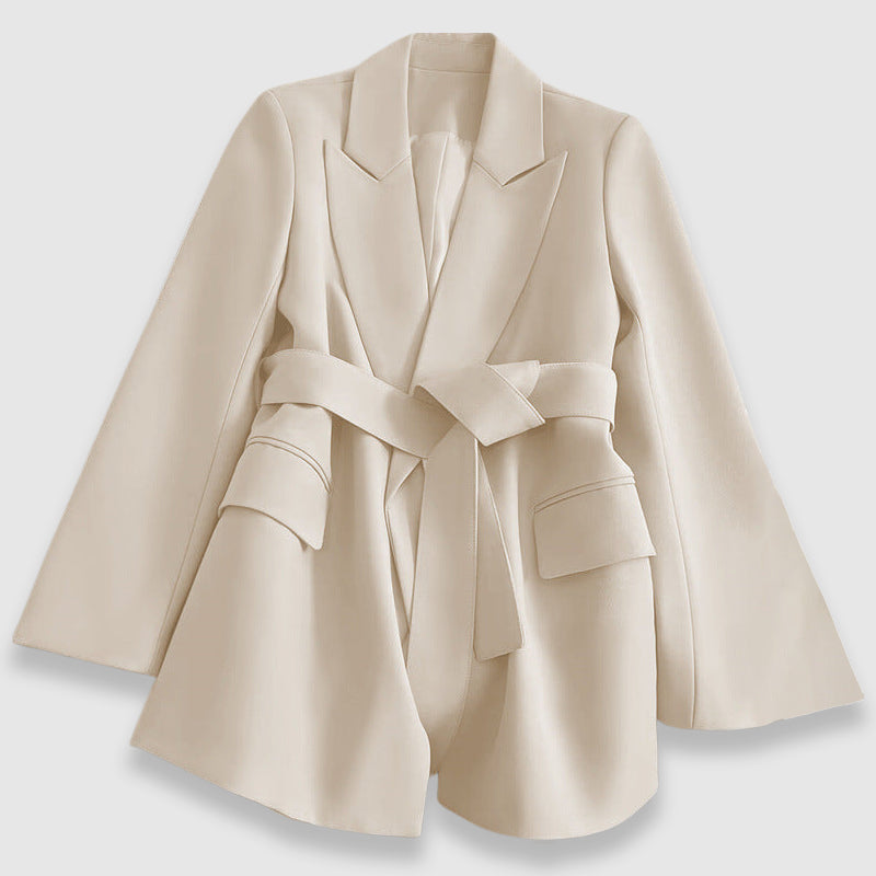 Women's Valentina blazer by Lumina Wear featuring a tailored fit, elegant lapel, and stylish belt for sophisticated look.