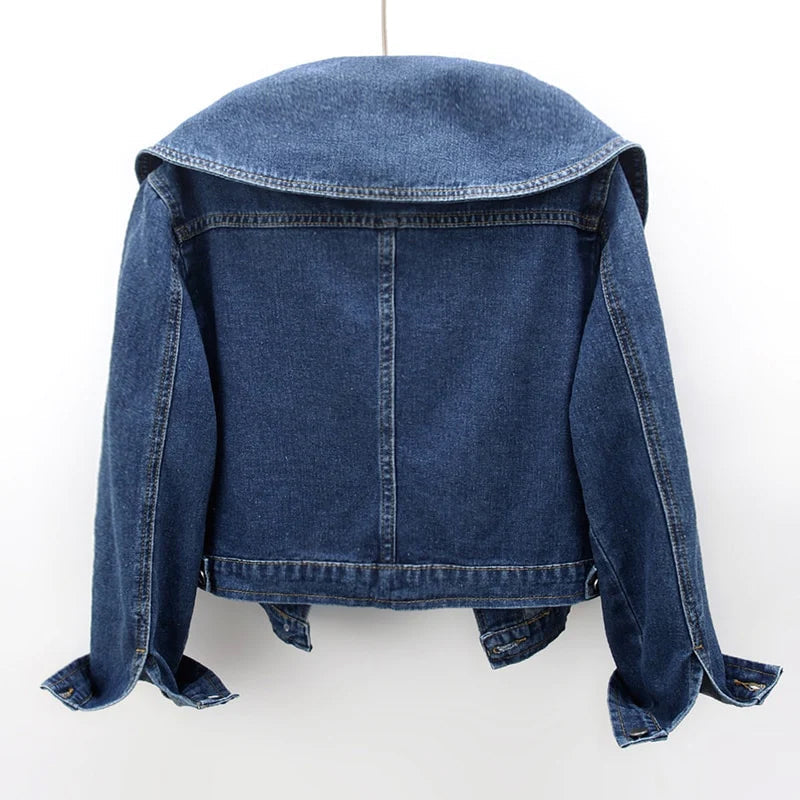 Lumina Wear Valentina classic fit royal denim jacket with button closure, shown on a model, featuring traditional collar and long sleeves.