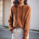 Valentina cozy cable-knit hooded sweater in relaxed fit, Lumina Wear, featuring soft knit texture and casual style.