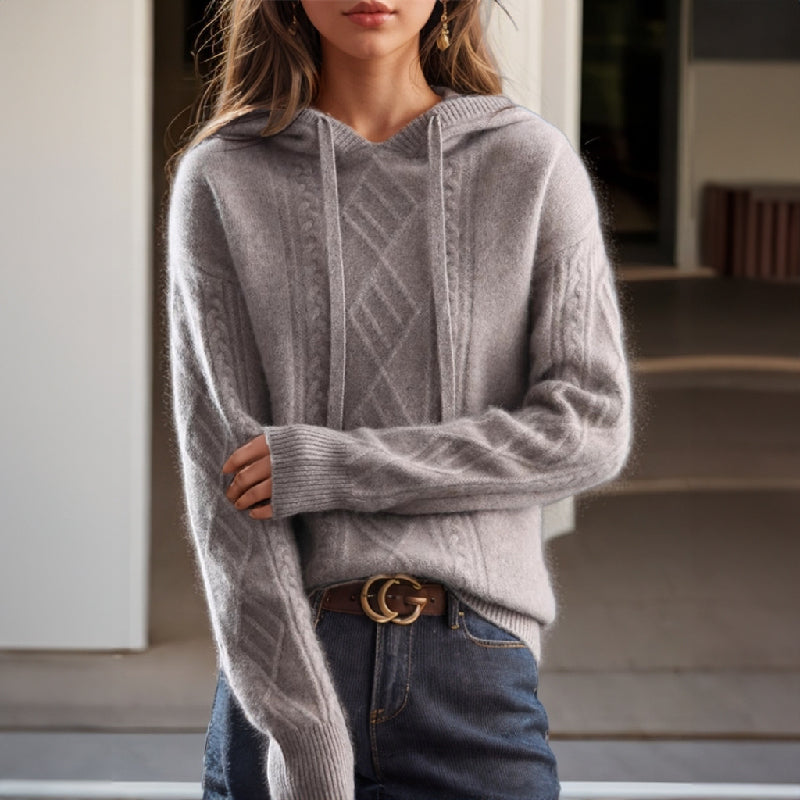 Valentina cozy cable-knit hooded sweater with relaxed fit from Lumina Wear, featuring a soft knit texture and a casual, comfortable style.
