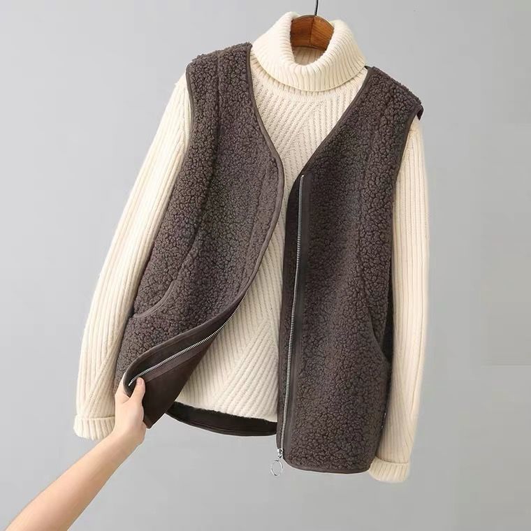 Valentina cozy textured fuzzy vest with zipper closure by Lumina Wear, shown in a close-up of the front view.