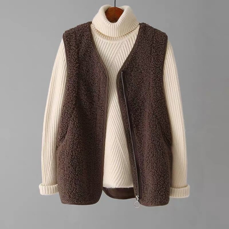 Lumina Wear Valentina cozy textured fuzzy vest with zipper closure, shown in a close-up of the stylish, soft fabric and modern design.