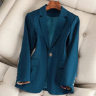Lightweight Valentina women's blazer by Lumina Wear featuring a classic design with a single-button closure, in a neutral color.