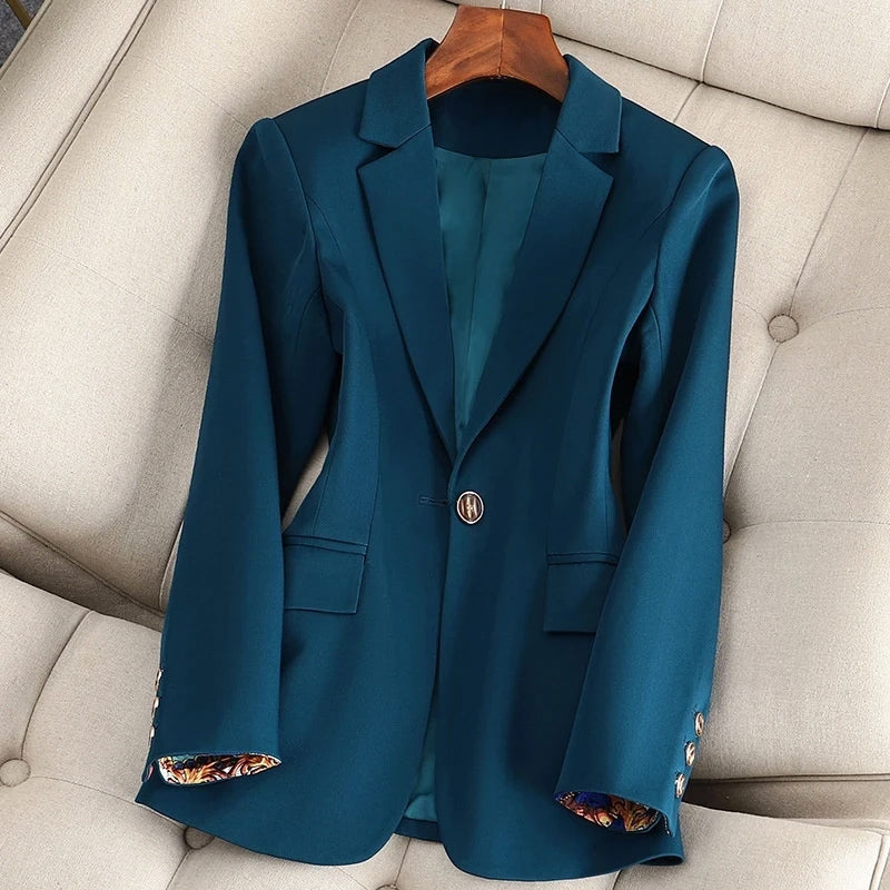 Lightweight Valentina women's blazer by Lumina Wear featuring a classic design with a single-button closure, in a neutral color.