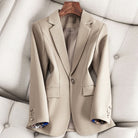 Lightweight Valentina women's blazer by Lumina Wear featuring a classic design and one-button closure, shown in a neutral color.