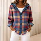 Valentina lightweight hooded plaid jacket with button front from Lumina Wear, featuring a casual, stylish design and cozy fabric.
