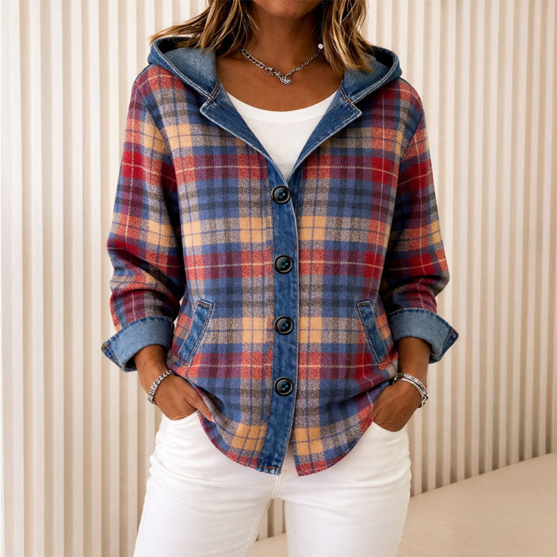 Valentina lightweight hooded plaid jacket with button front from Lumina Wear, featuring a casual, stylish design and cozy fabric.