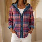 Lightweight hooded plaid jacket with button front from Lumina Wear, featuring a casual, stylish design in a classic pattern.