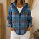 Lightweight hooded plaid jacket with button front from Lumina Wear, featuring a stylish, casual design.