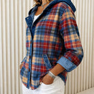 Lightweight hooded plaid jacket with button front from Lumina Wear, featuring a stylish design and casual fit.
