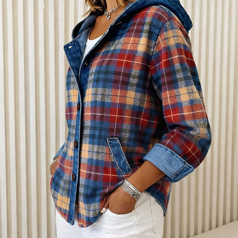 Lightweight hooded plaid jacket with button front from Lumina Wear, featuring a stylish design and casual fit.