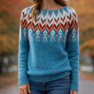 Nordic-inspired multicolor knit sweater with bold pattern from Lumina Wear, featuring intricate colorwork and cozy design.