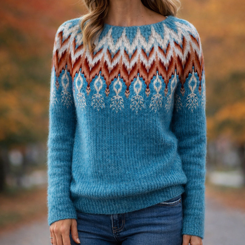 Nordic-inspired multicolor knit sweater with bold pattern from Lumina Wear, featuring intricate colorwork and cozy design.
