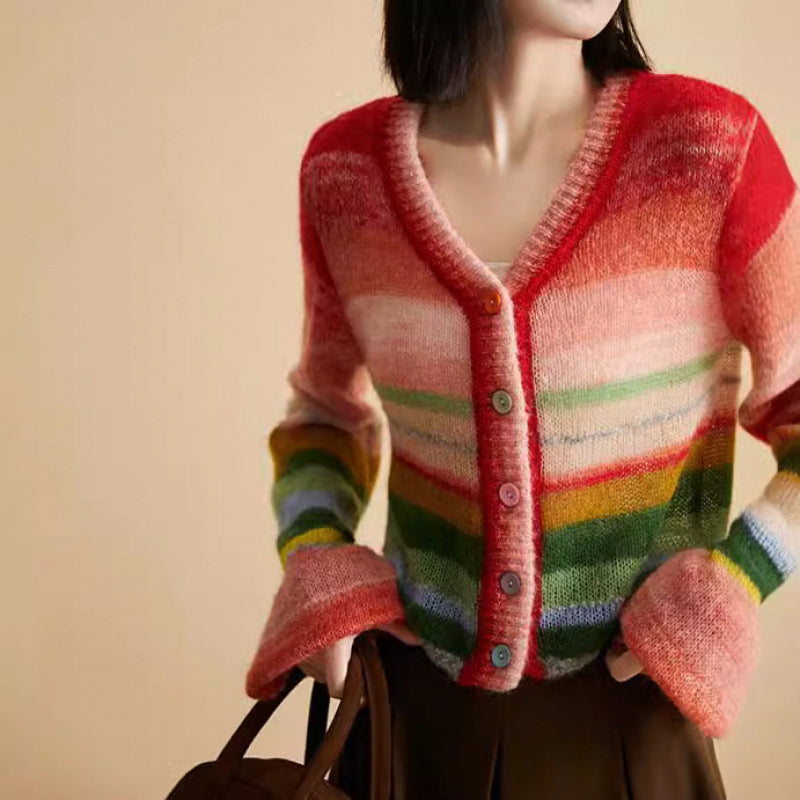 Lumina Wear Valentina relaxed gradient knit cardigan with playful buttons, casual sweater with cozy fit and colorful design.