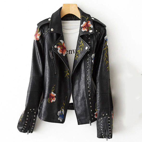 Valentina retro floral embroidered vegan leather jacket with stud accents by Lumina Wear, showcasing intricate embroidery and stylish design.