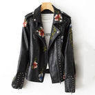 Valentina retro floral embroidered vegan leather jacket with stud accents by Lumina Wear, showcasing intricate embroidery and stylish design.