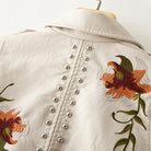 Valentina retro floral embroidered vegan leather jacket with stud accents by Lumina Wear, shown with detailed embroidery and stylish design.