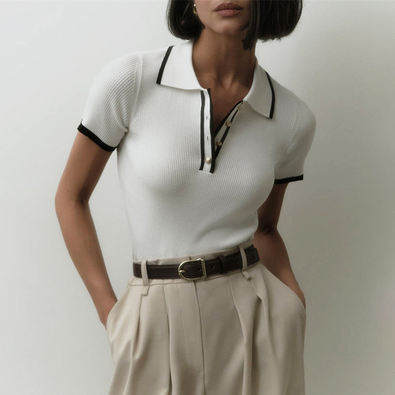 Women's Valentina ribbed knit top with contrast lapel by Lumina Wear, showing the structured fit and stylish details.