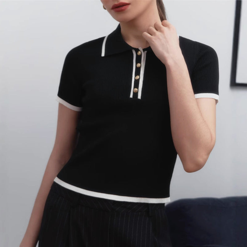 Lumina Wear Valentina ribbed knit top with structured fit and contrast lapel, shown in a stylish women's top image.