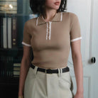 Women's Valentina ribbed knit top with contrast lapel by Lumina Wear, featuring structured fit and stylish design.