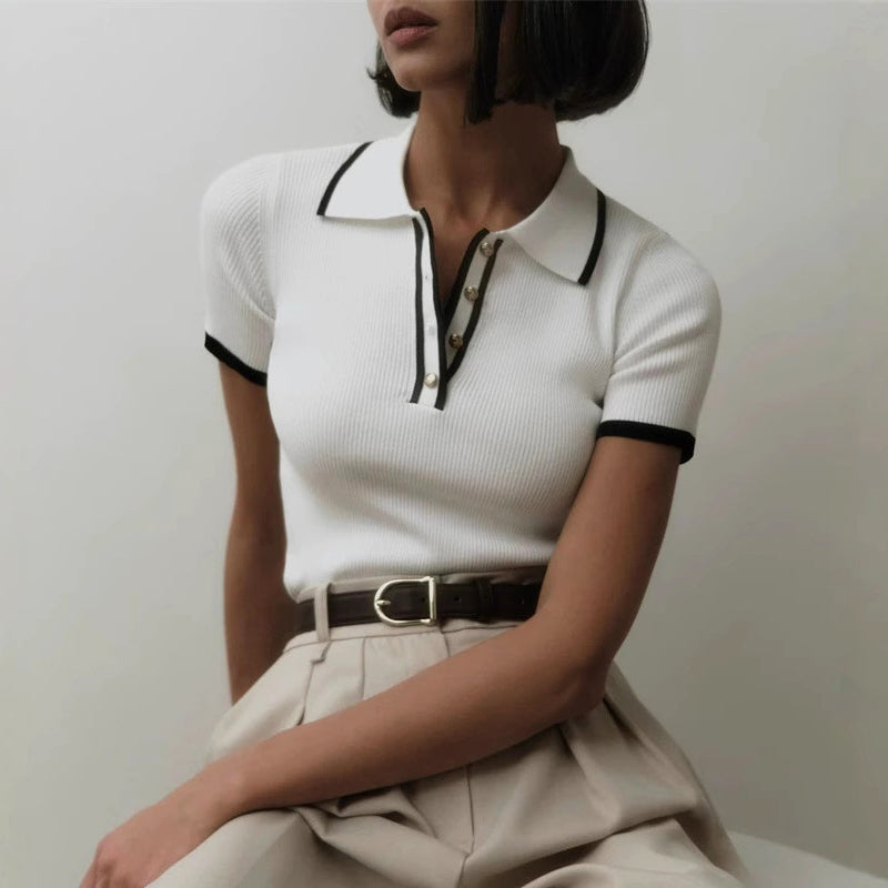 Lumina Wear Valentina ribbed knit top with structured fit and contrast lapel, women's fashion top in black and white.