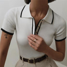 Women's Valentina ribbed knit top with structured fit and contrast lapel by Lumina Wear, shown in a stylish, fitted design.