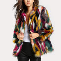 Vibrant multi-colored faux fur coat with open front from Lumina Wear, shown on a model with bold, colorful style.