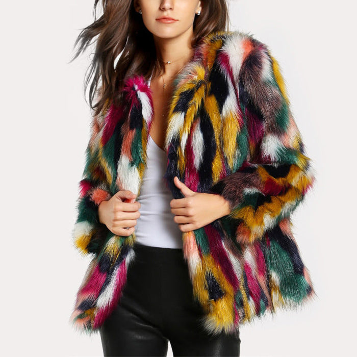 Vibrant multi-colored faux fur coat with open front by Lumina Wear, stylish and cozy for cold weather.