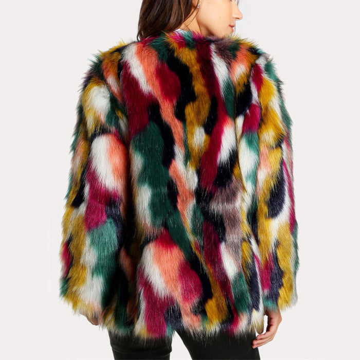 Vibrant multi-colored faux fur coat with open front from Lumina Wear, featuring a bold, plush texture and stylish design.