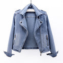 Black vintage moto cut denim jacket with zip pockets by Lumina Wear, featuring a stylish and classic design.