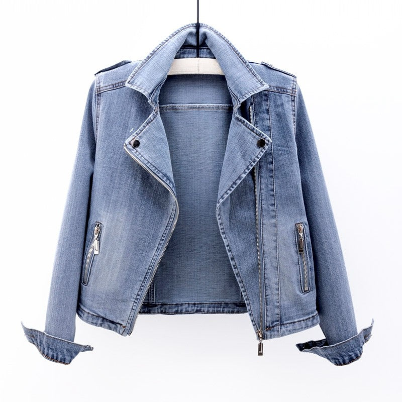 Black vintage moto cut denim jacket by Lumina Wear with zip pockets, featuring a classic rugged style and tailored fit.