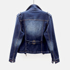Black vintage moto cut denim jacket with zip pockets by Lumina Wear, featuring a classic design and stylish details.